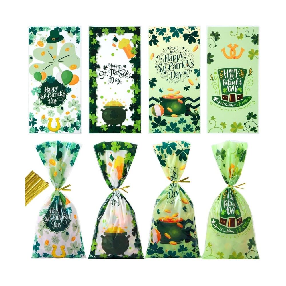 St. Patrick’s Day Treat Bags - 100-Pack Gift Bags with Ties for Party Favors